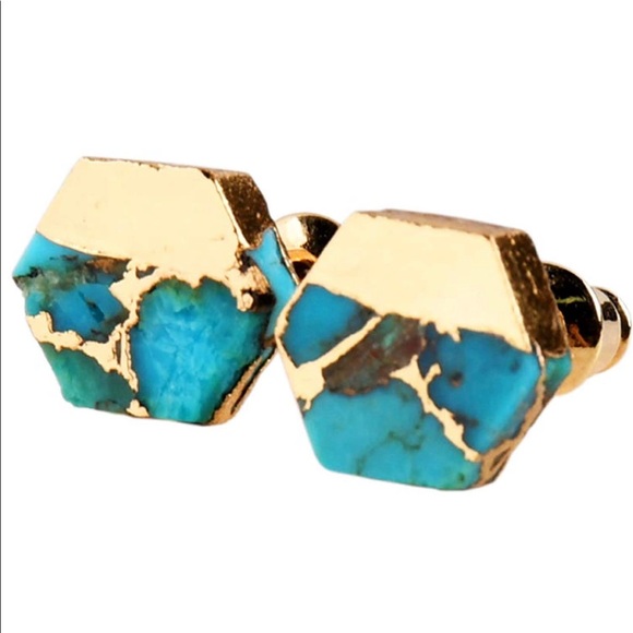 LAST PAIR! Woman’s Gold & Turquoise Stud Earrings - Picture 2 of 6